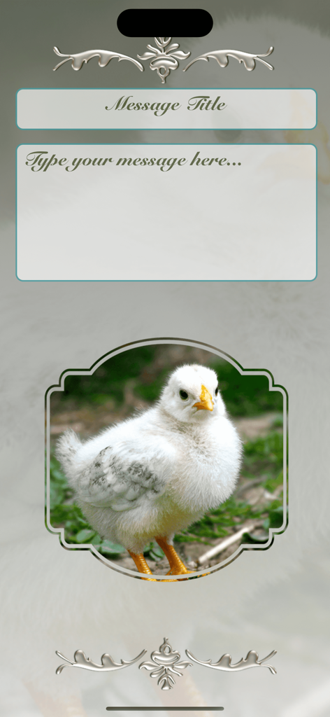 Happy Easter • Greeting cards - A mobile app interface for creating an Easter card with a chick photo and message text fields