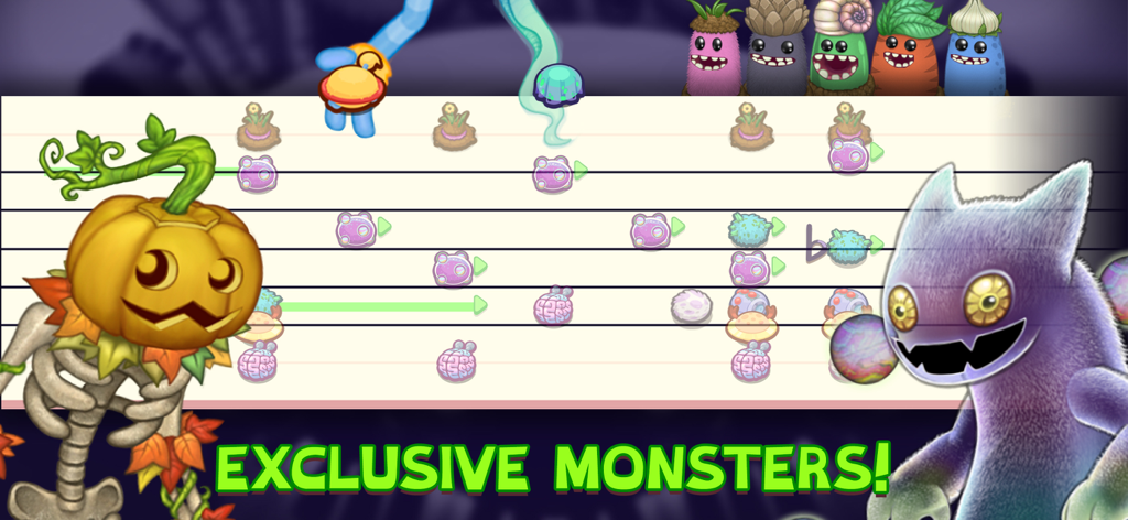 My Singing Monsters Composer - Exclusive monsters on a musical staff in the My Singing Monsters Composer app
