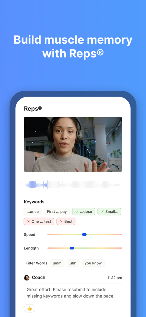 Reps App-Oberfläche mit einer Video-Übungseinheit mit Sprachanalyse und Coaching-Feedback