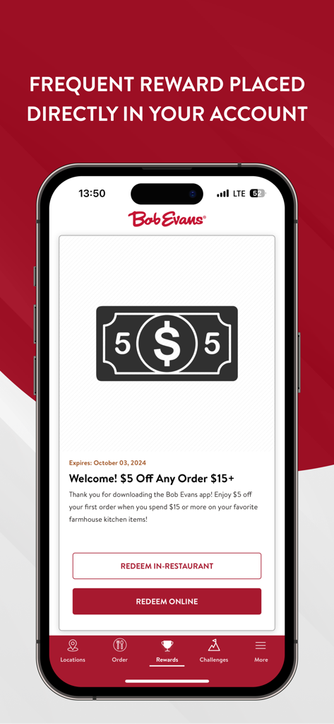 Bob Evans - Bob Evans Mobile App-Prämienbildschirm mit einem Willkommensrabatt-Coupon im Wert von fünf Dollar.