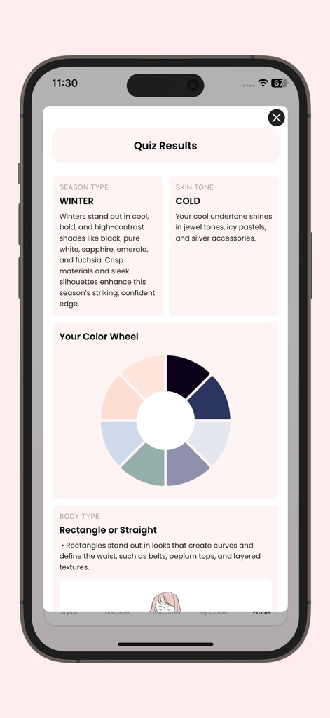 Ai Stylist App - App Ai Stylist mostrando resultados de questionário personalizado para análise de estação de cores, tom de pele e tipo de corpo.
