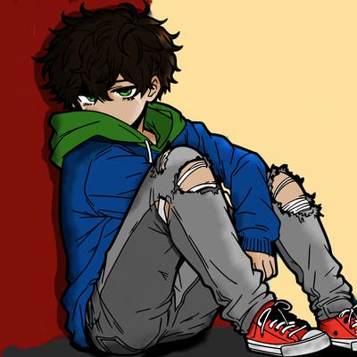 a male hoddie ripped jeans messy hair anime