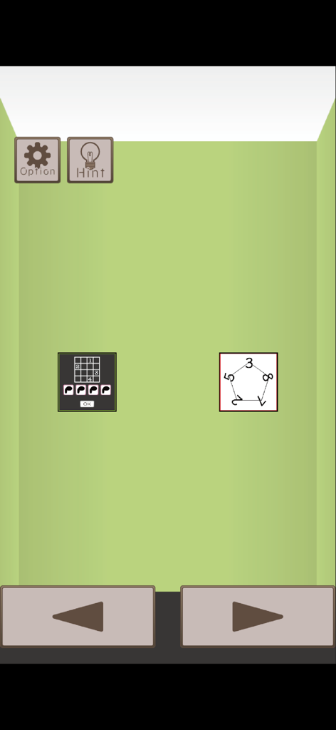 Escape game Tell a Riddle - Screenshot di una stanza verde minimalista nel gioco di fuga Escape game Tell a Riddle con due enigmi numerici e logici sul muro.