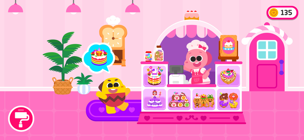 Cocobi Cake Maker - Coco y Lobi en el mostrador de su pastelería con varios pasteles y galletas en exhibición