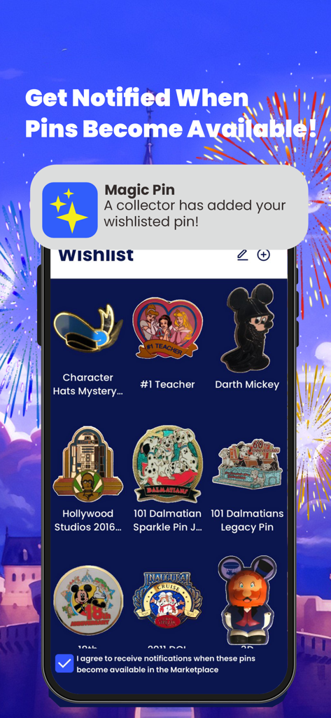 MagicPin app wishlist screen showing Disney pins and a notification alert for wishlisted items.