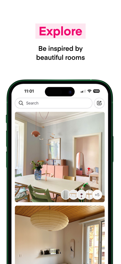 Spoken.io: Save and Explore - Una captura de pantalla de la pestaña Explorar de la app Spoken mostrando fotos curadas de decoración del hogar y etiquetas de muebles para inspiración de diseño de interiores.