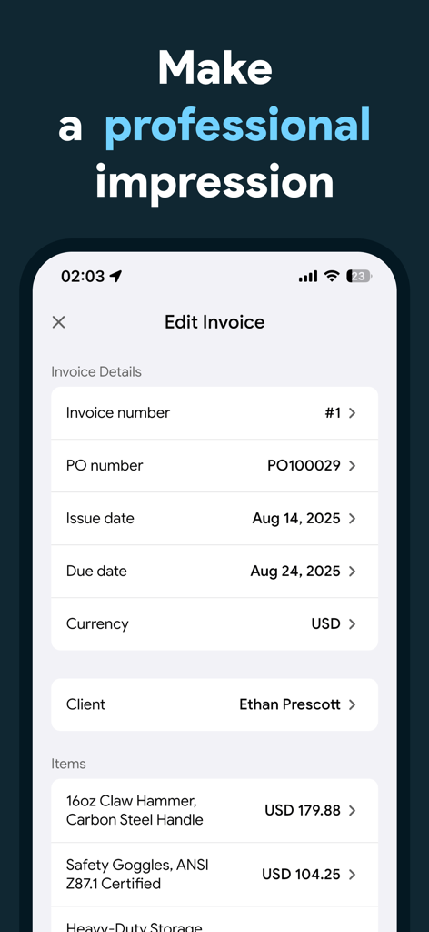 Invoice Maker: Bill & Receipt - Interface do aplicativo móvel mostrando a tela de edição de fatura com seções para detalhes do cliente e faturamento detalhado