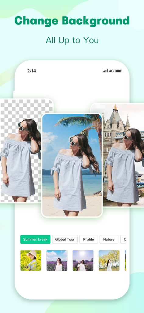 Apowersoft: Background Eraser - A mobile app interface demonstrating how to change a photo background to a beach or city landmark