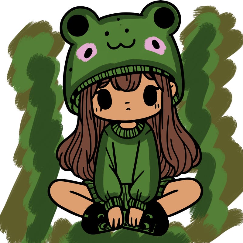 a girl wearing a frog hat and some frog socks