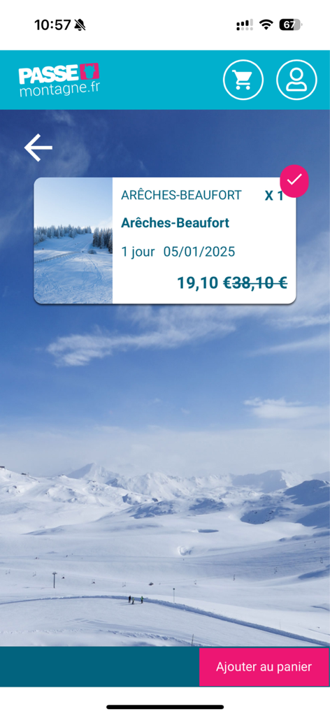 PASSE MONTAGNE - Écran de l'application Passe Montagne montrant un forfait de ski à prix réduit pour Arêches Beaufort