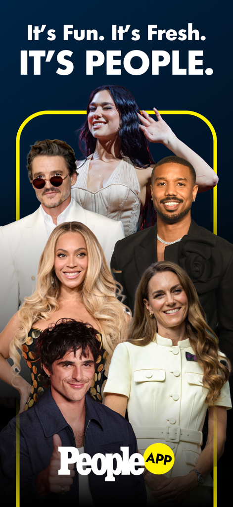 Anuncio promocional de la app de People con un collage de celebridades, incluyendo a Beyoncé y Pedro Pascal