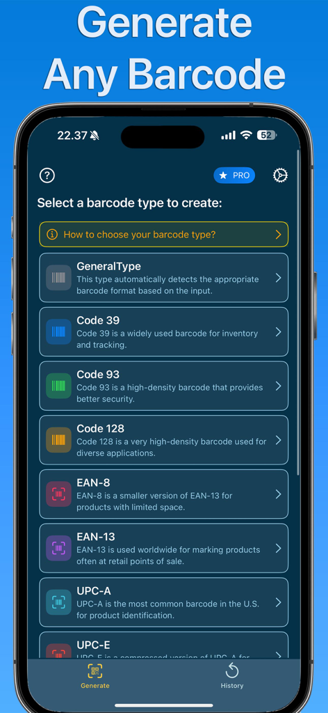 Smartphone screen displaying the Barcode Maker app with a list of different barcode types to create.