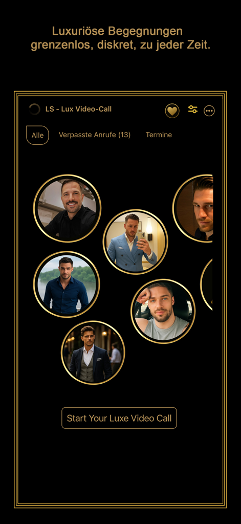 LuxurySecret: Dating & Love - LuxurySecret app interface showing exclusive video call options with male profiles in a gold and black luxury theme