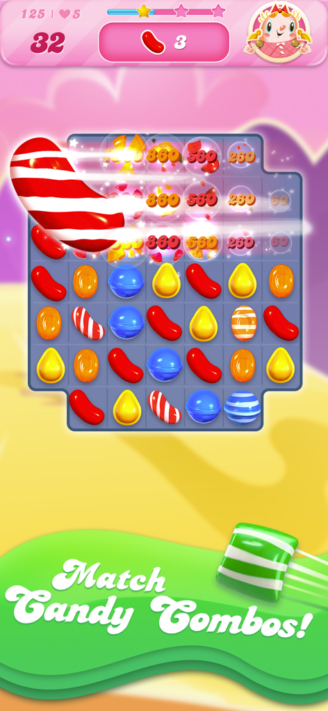 A colorful Candy Crush Saga gameplay screen showing candy matches and special combo effects