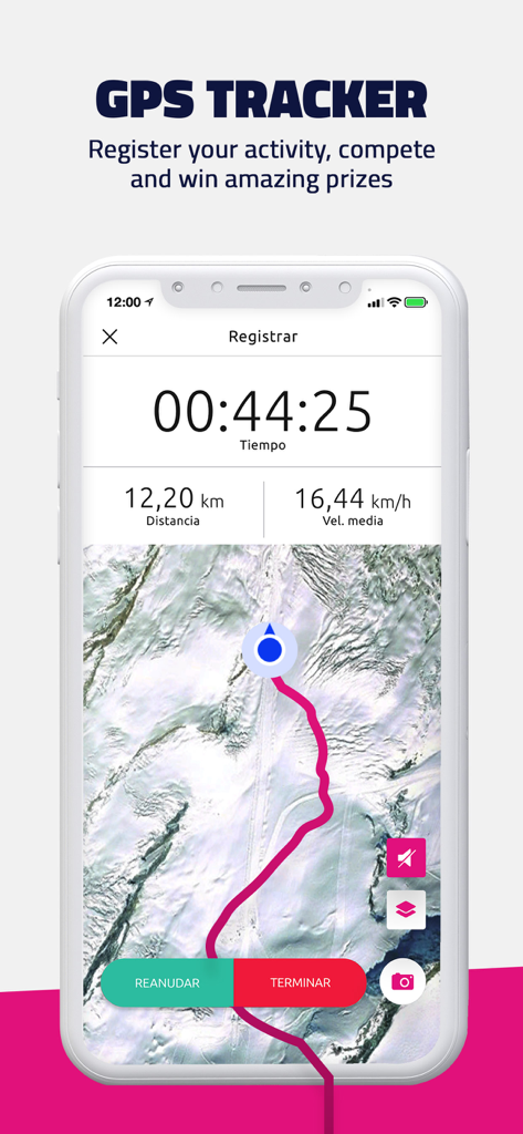 Sierra Nevada - Interfaz del rastreador GPS de la app Sierra Nevada mostrando estadísticas de actividad de esquí y seguimiento de mapa.
