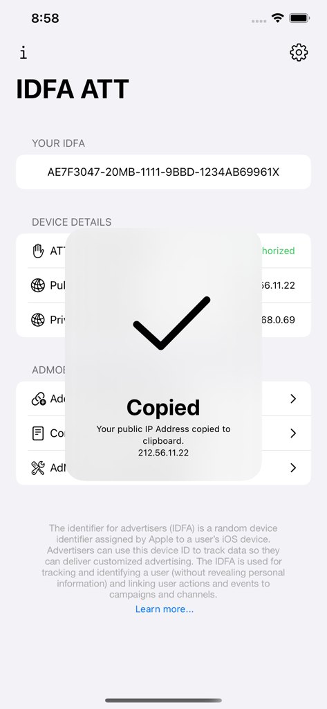 Interfaz de la aplicación IDFA ATT que muestra un mensaje de confirmación de que la dirección IP pública se ha copiado al portapapeles.