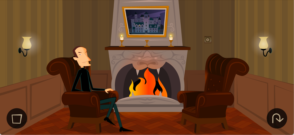 Uma cena desenhada à mão de um homem sentado em uma poltrona de couro perto de uma lareira em forma de boca de monstro em um casarão gótico.
