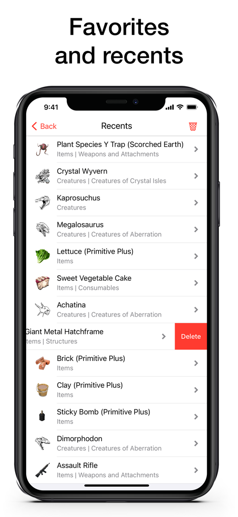 Pantalla de favoritos y recientes en la aplicación de utilidad ARK Survival Evolved que muestra criaturas y objetos