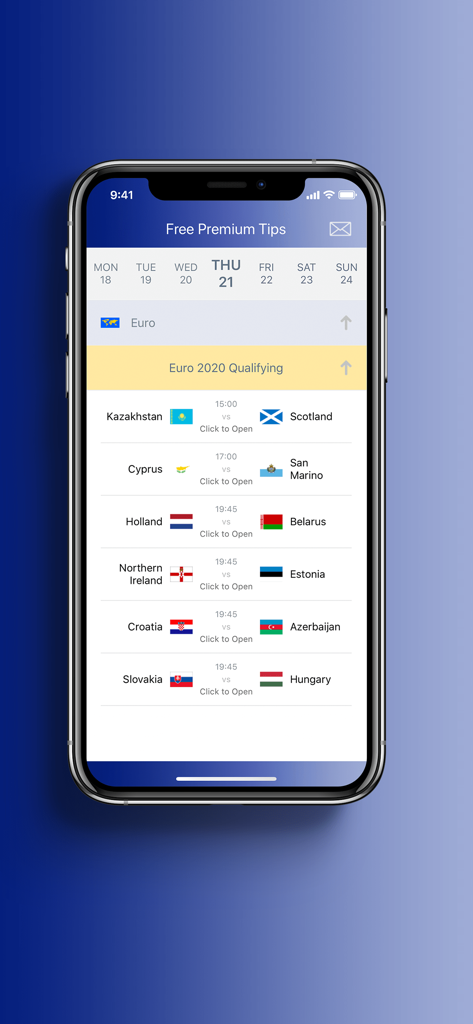 Screen of the FPT Premium Tips app displaying a list of soccer matches and prediction options
