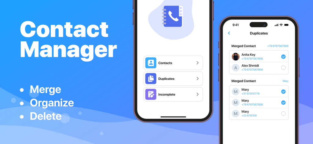 Interface of the iSwipe app Contact Manager feature showing options to merge and organize duplicate phone contacts.