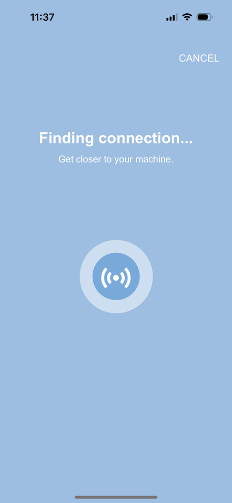 Interfaz de la aplicación Ice-O-Matic que muestra una búsqueda de conexión Bluetooth para una máquina de hielo.