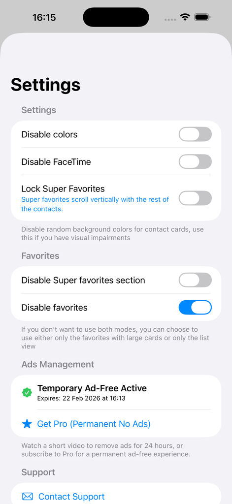 Fast Calls - Écran des paramètres de l'application Fast Calls affichant les options de personnalisation pour l'affichage des contacts favoris et l'état de l'abonnement.