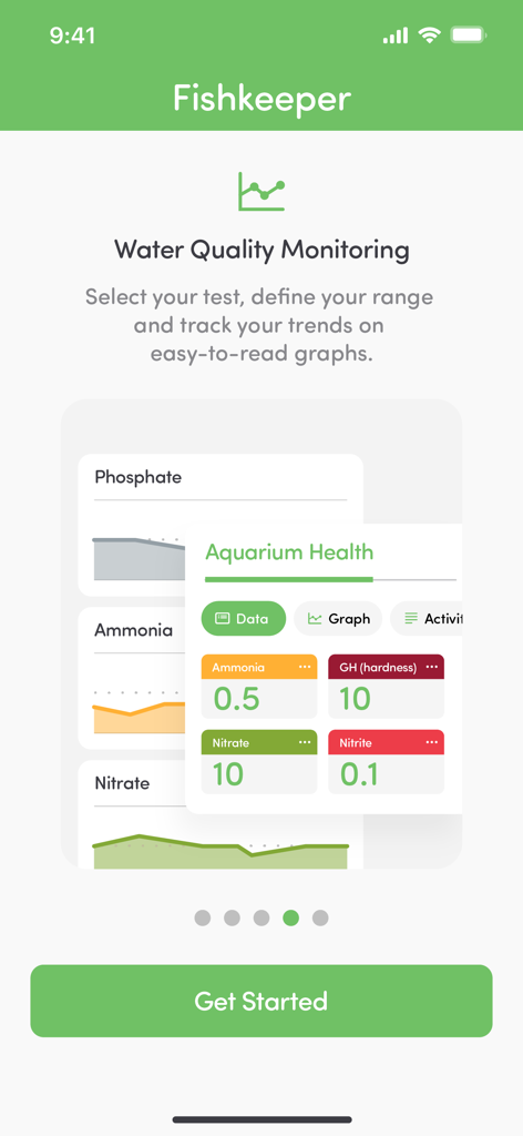 Fishkeeper - Interfaz de la aplicación Fishkeeper que muestra gráficos de monitoreo de calidad del agua y datos de salud del acuario para amoníaco y nitrato