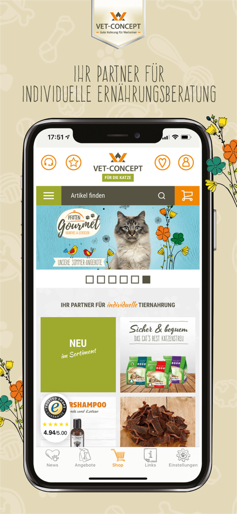 Vet-Concept - Vet-Concept mobile App-Startbildschirm mit Tierfutter und Zubehör