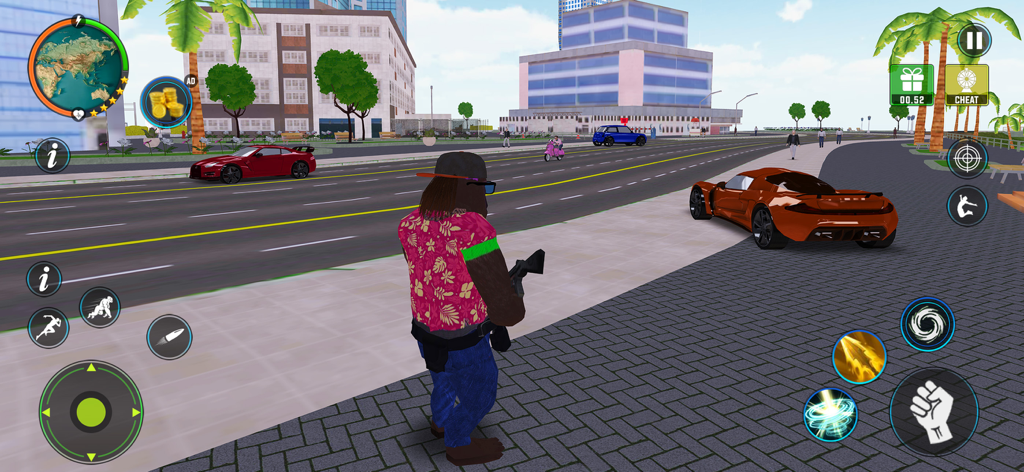 Gorilla Mob : City Gangster - Un personaje gánster gorila con una camisa floral parado en una calle de la ciudad cerca de coches deportivos en un entorno de juego de mundo abierto