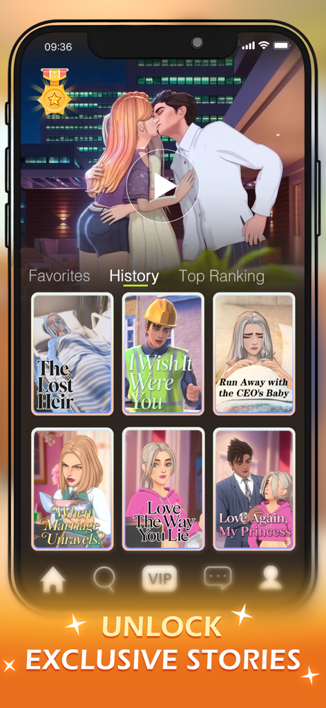 Influencer Story: Rise to Fame - Run Away with the CEO's Baby 및 Love The Way You Lie와 같은 인터랙티브 드라마 스토리 썸네일 모음을 보여주는 인플루언서 스토리 게임의 모바일 인터페이스