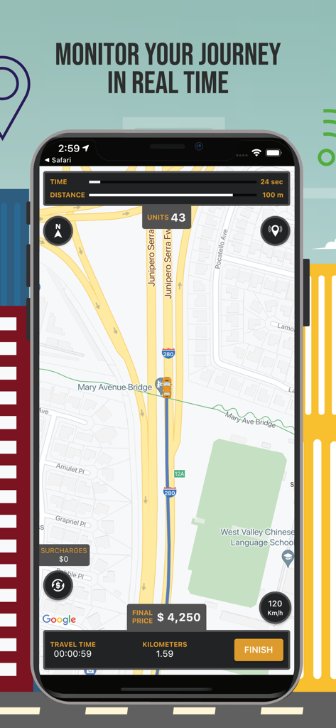 Seguimiento en tiempo real del viaje en la aplicación Taxímetro GPS que muestra el mapa y el cálculo de la tarifa