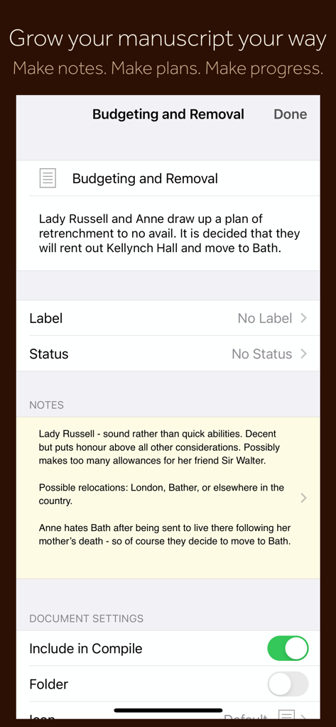 Scrivener - Scrivener mobile app interface displaying manuscript section notes, planning metadata, and document settings.