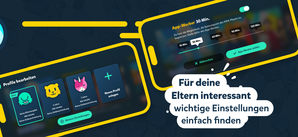Screenshot der KiKA-App, der die Auswahl von Benutzerprofilen für Kinder und den App-Alarm zur Festlegung von Bildschirmzeitlimits zeigt