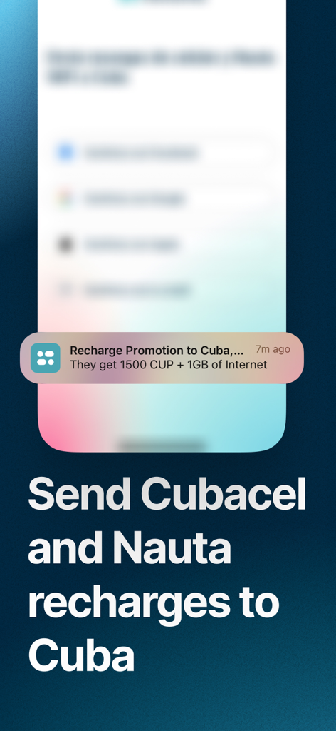 Tela de smartphone mostrando uma notificação do app Fonoma para recargas Cubacel e Nauta para Cuba