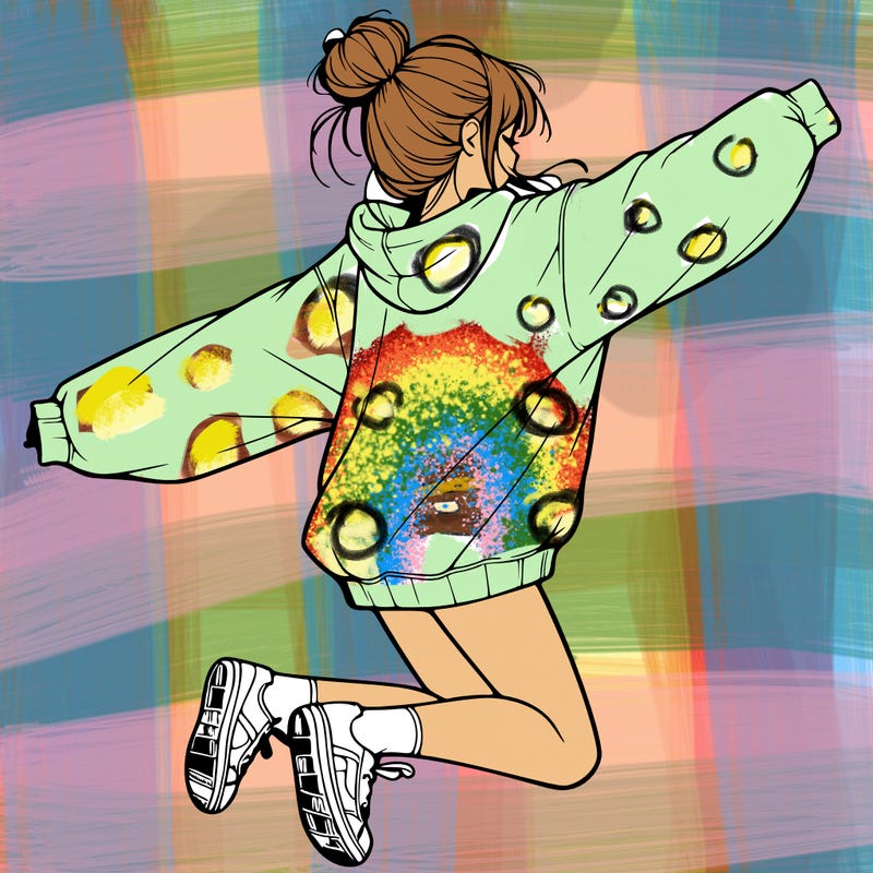 realistic girl jumping with a bun and oversized sweatshirt