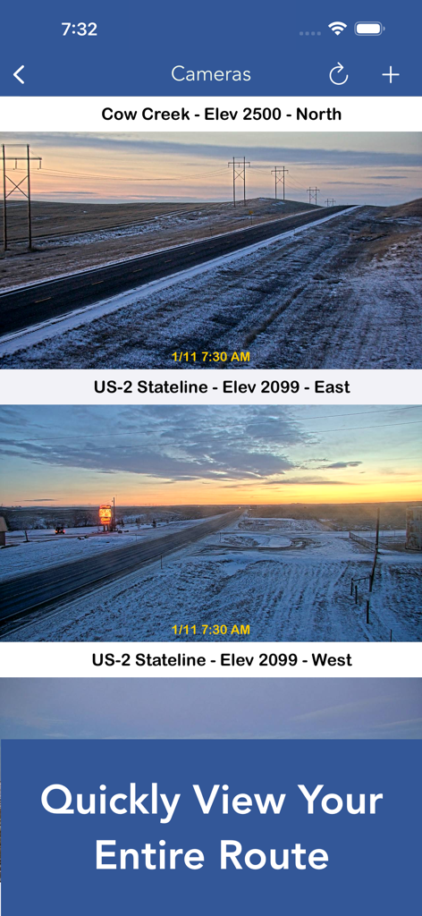 Montana 511 app screenshot displaying multiple road camera feeds including Cow Creek and US-2 Stateline with a banner saying Quickly View Your Entire Route
