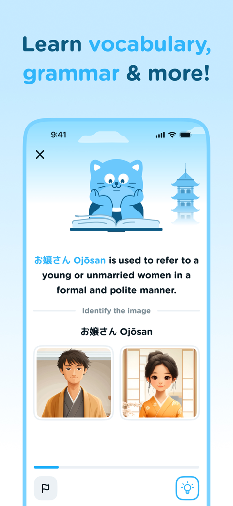 Airlearn - Language Learning - Airlearn language learning app screen teaching Japanese vocabulary and grammar with a cultural context quiz