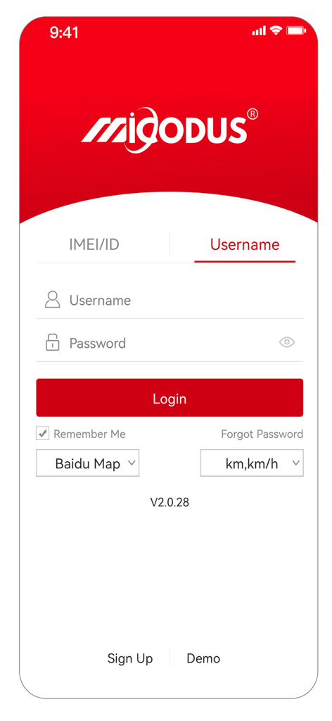 MiCODUS app login interface with fields for username and password plus map selection