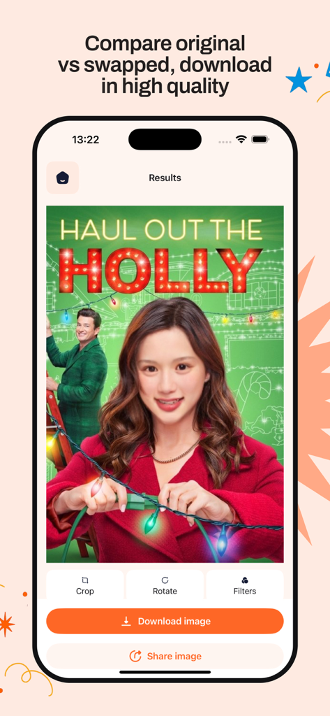 Woodfix : Movie & TV Shows - A mobile app interface displaying a high-quality face swap result on a Christmas movie poster with editing and download options.