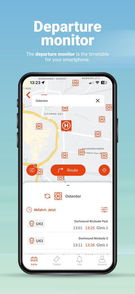 DSW21-App - DSW21 app interface showing the departure monitor feature with a map of transit stops and real time train schedules for the Ostentor station in Dortmund