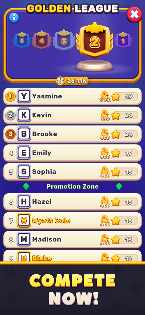 Wordster - Wordster app Golden League leaderboard showing player rankings scores and promotion zone