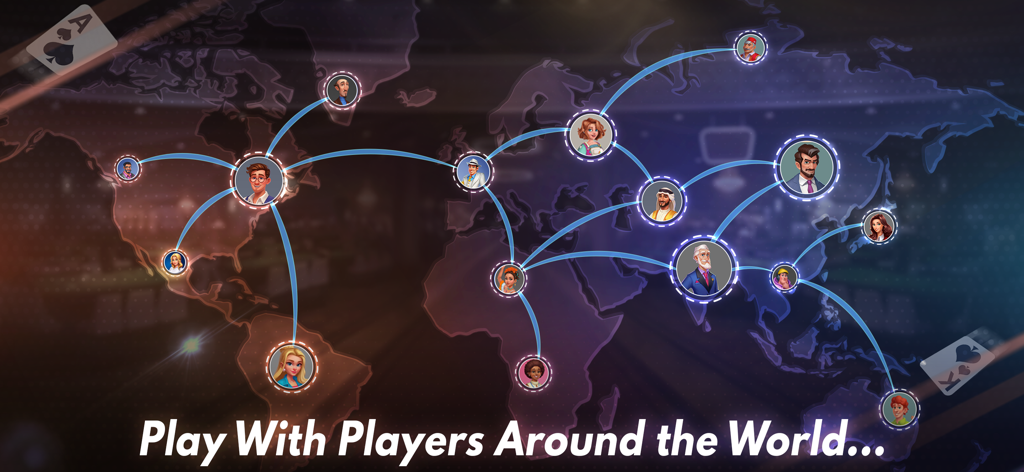Spades Multiplayer - Um mapa mundial com avatares de jogadores conectados ilustrando a competição global do jogo de cartas Spades multiplayer.