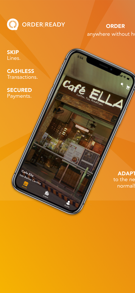 ORder Readyモバイルアプリのインターフェースをスマートフォンに表示し、地元での食事のために行列をスキップし、キャッシュレス取引機能を強調しています。