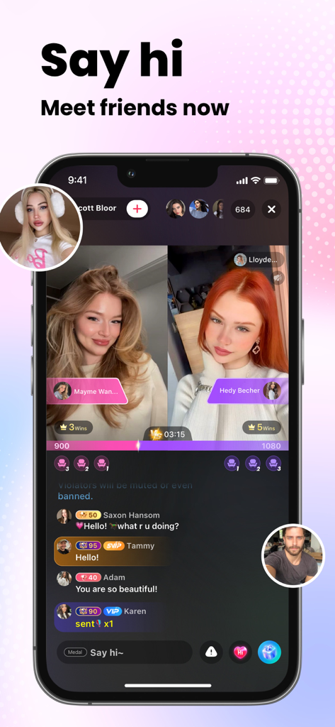 Smartphone display showing two people live streaming in a split screen view on Piko Live app