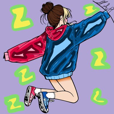 realistic girl jumping with a bun and oversized sweatshirt