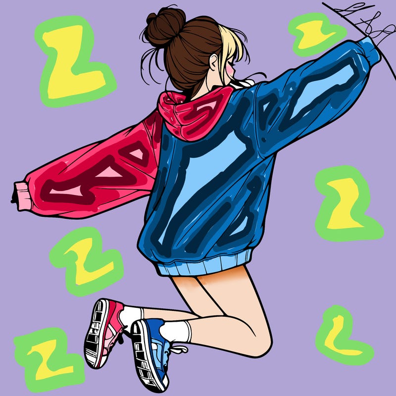 realistic girl jumping with a bun and oversized sweatshirt