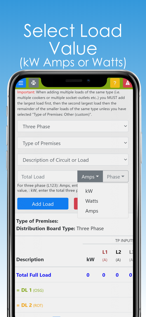 Diversity Calculator mobile app interface for entering electrical circuit load values in Amps, Watts, or kW.