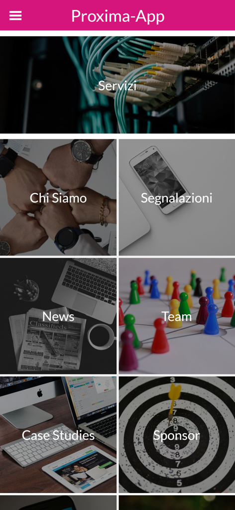 Proxima-App - Main dashboard of the Proxima-App showing various IT and digital agency service categories in a grid layout.