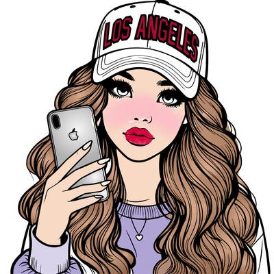 realistic beautiful girl wearing los ángeles cap holding an iphone