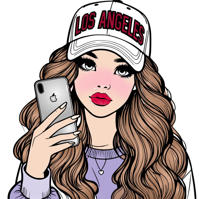 realistic beautiful girl wearing los ángeles cap holding an iphone